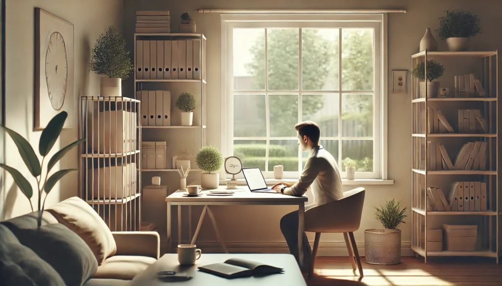 DALL·E 2025-03-24 16.15.22 - A modern 16_9 digital illustration focused on deep work and productivity. The scene shows a person working with intense focus at a minimalist desk set